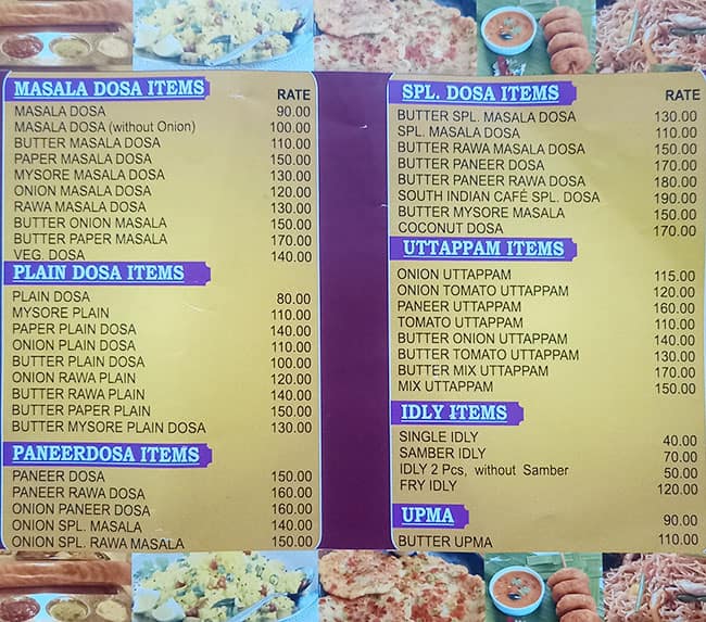 South Indian Cafe menu