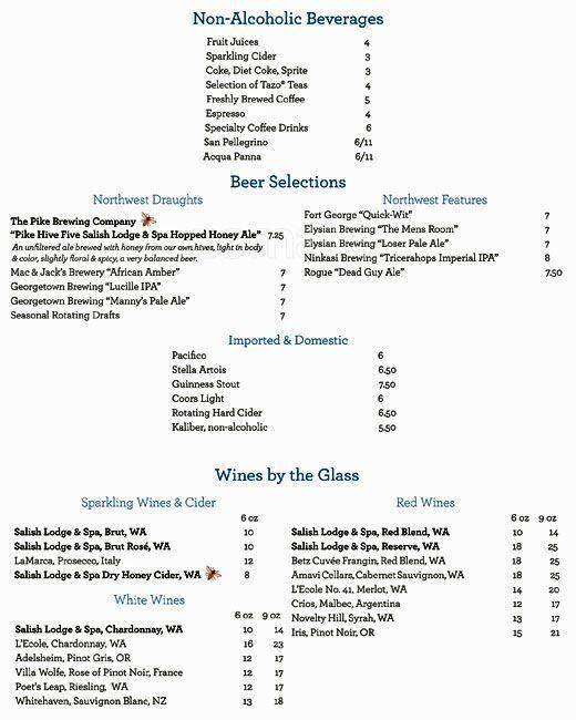 Menu at The Attic at Salish Lodge pub & bar, Snoqualmie