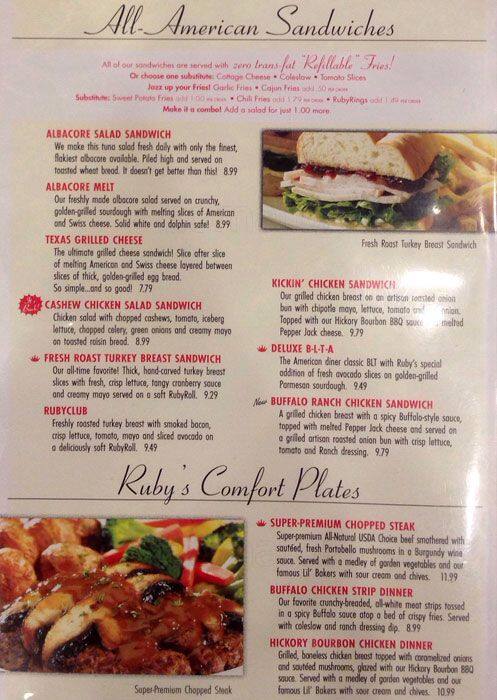 Ruby's Ac Menu Menu at Ruby's Diner restaurant, King of Prussia