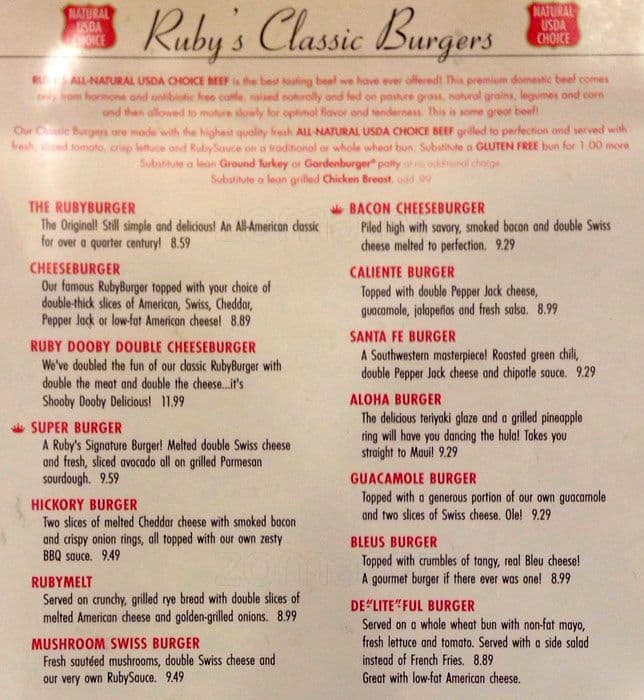 Ruby's Ac Menu Menu at Ruby's Diner restaurant, King of Prussia