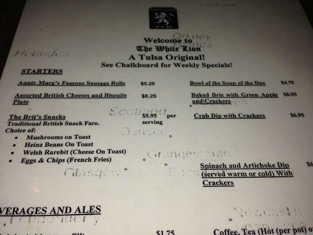 Menu at White Lion pub & bar, Tulsa, S Canton Ave