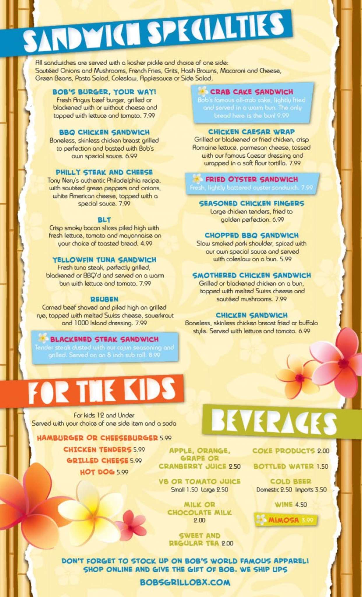 Menu at Bob's Grill OBX restaurant, Kill Devil Hills