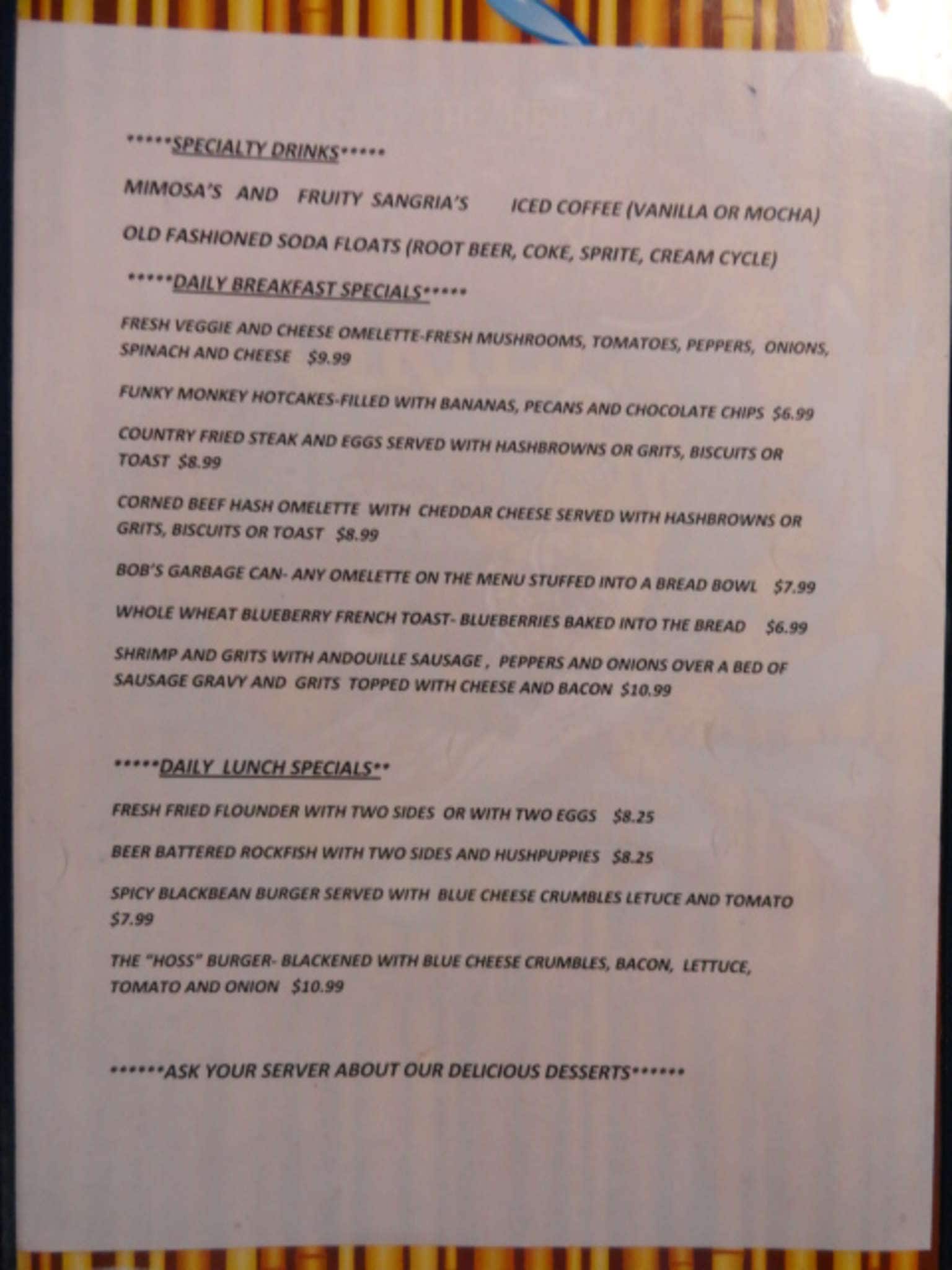 Menu at Bob's Grill OBX restaurant, Kill Devil Hills