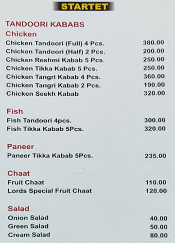 Lords Restaurant menu