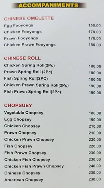 Lords Restaurant menu