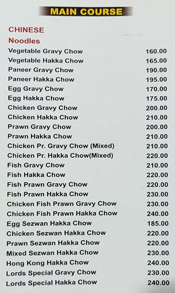 Lords Restaurant menu