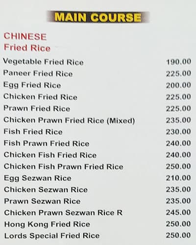 Lords Restaurant menu