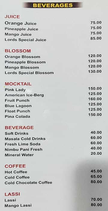 Lords Restaurant menu