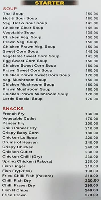 Lords Restaurant menu