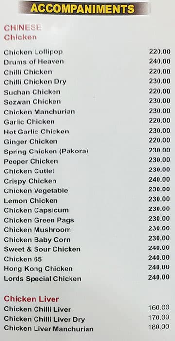 Lords Restaurant menu