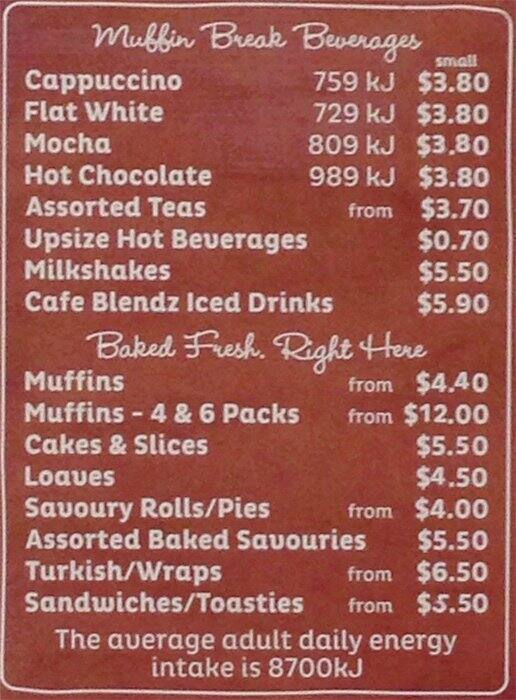 Muffin Break Menu, Menu for Muffin Break, Fortitude Valley, Brisbane