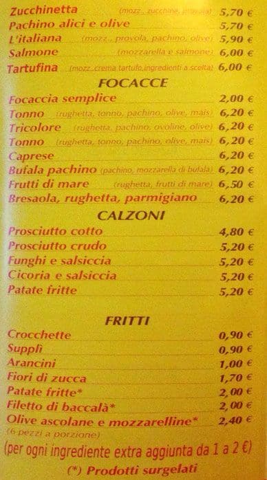 Menu di Raggi di Pizza 