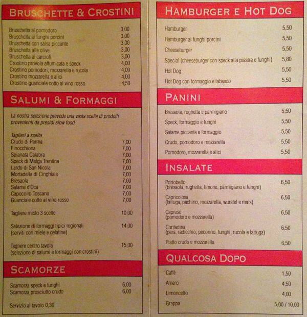 Menu di Big Hilda pub 