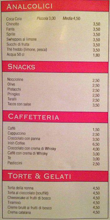 Menu di Big Hilda pub 