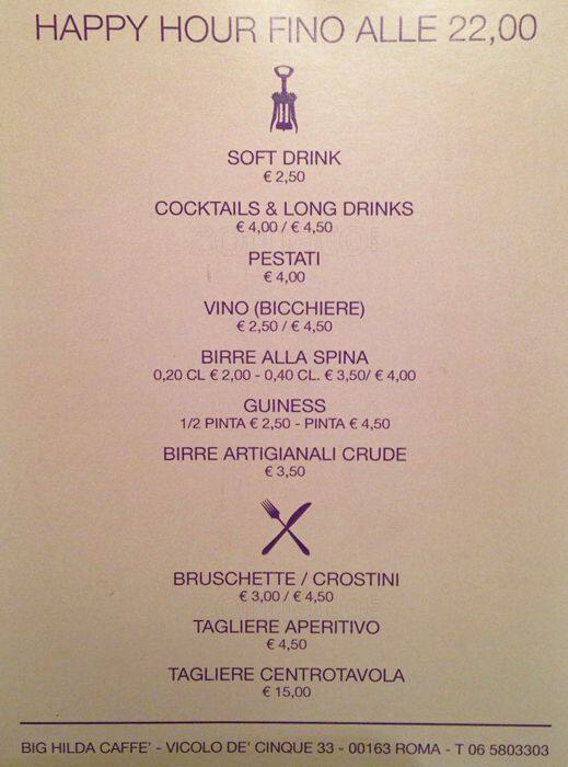 Menu di Big Hilda pub 