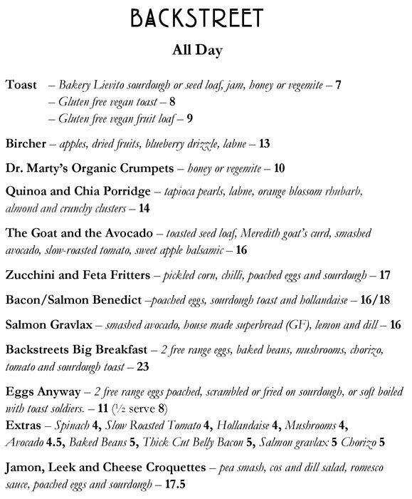 Backstreet Bar & Grill Menu Urbanspoon/Zomato