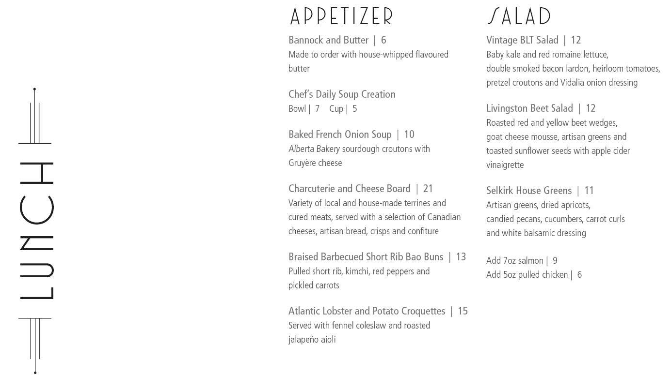 Menu at The Selkirk Grille steakhouse, Calgary