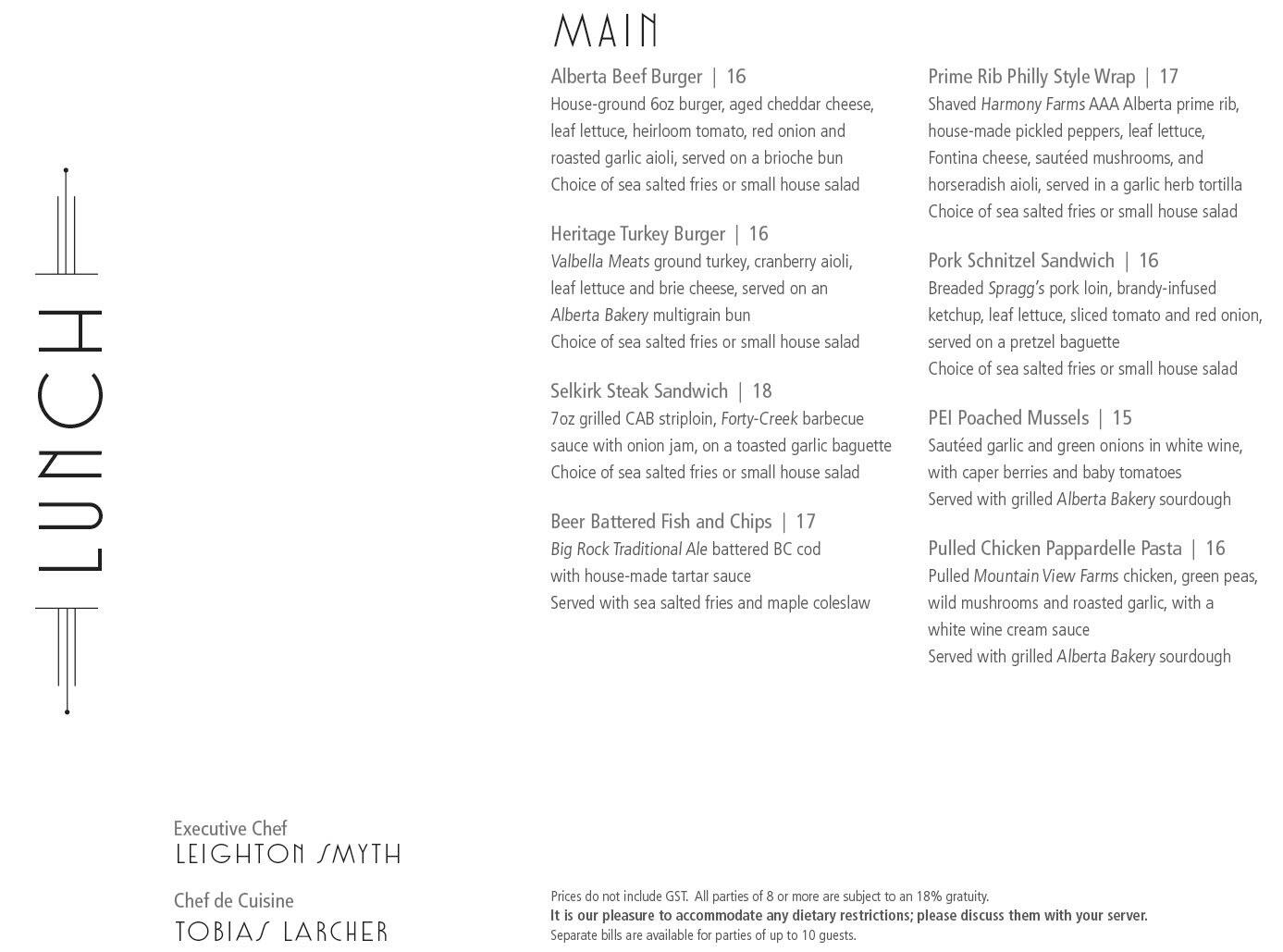 Menu at The Selkirk Grille steakhouse, Calgary