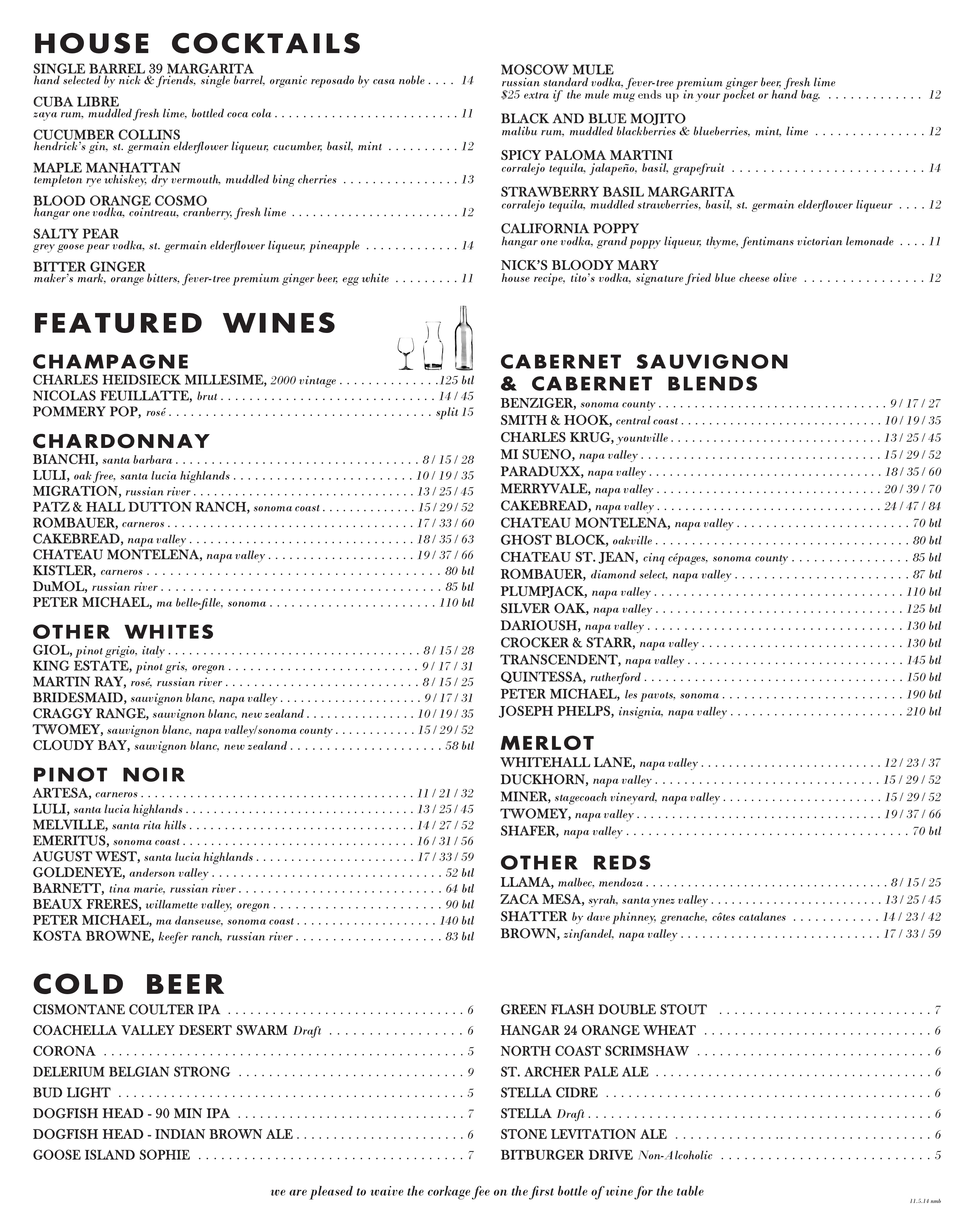 Menu at Nick's Manhattan Beach restaurant, Manhattan Beach