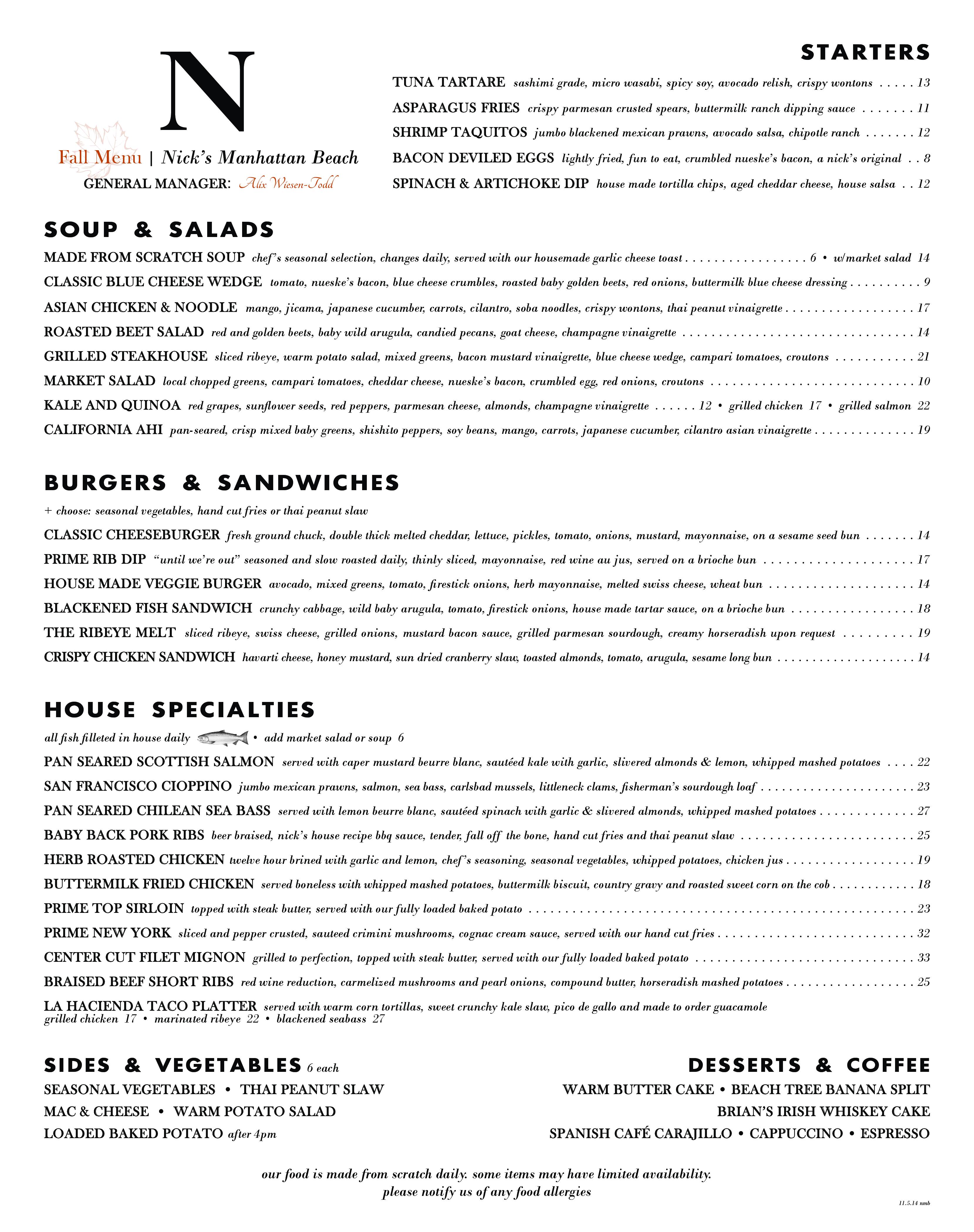 Menu at Nick's Manhattan Beach restaurant, Manhattan Beach