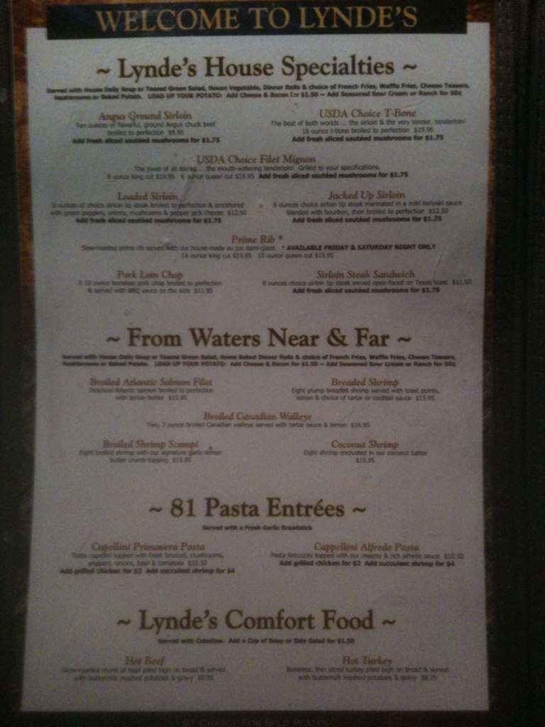 Menu at Lynde’s Restaurant & Catering, Osseo