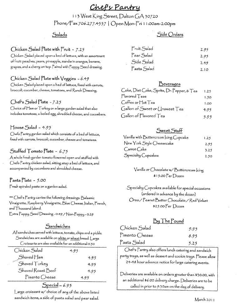 Chef's Pantry Menu, Menu for Chef's Pantry, Dalton, Dalton - Urbanspoon ...