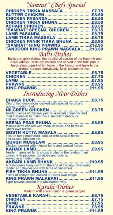 Menu at Samrat Indian Restaurant, London, 52 Pitshanger Ln
