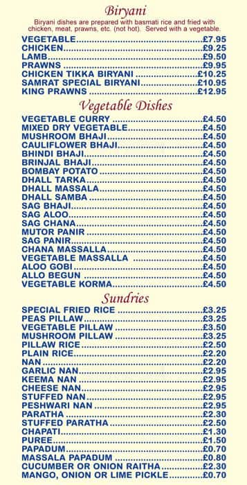 Menu at Samrat Indian Restaurant, London, 52 Pitshanger Ln