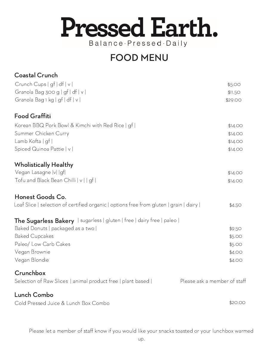 Pressed Earth. Menu, Menu for Pressed Earth., Claremont, Perth Urbanspoon/Zomato