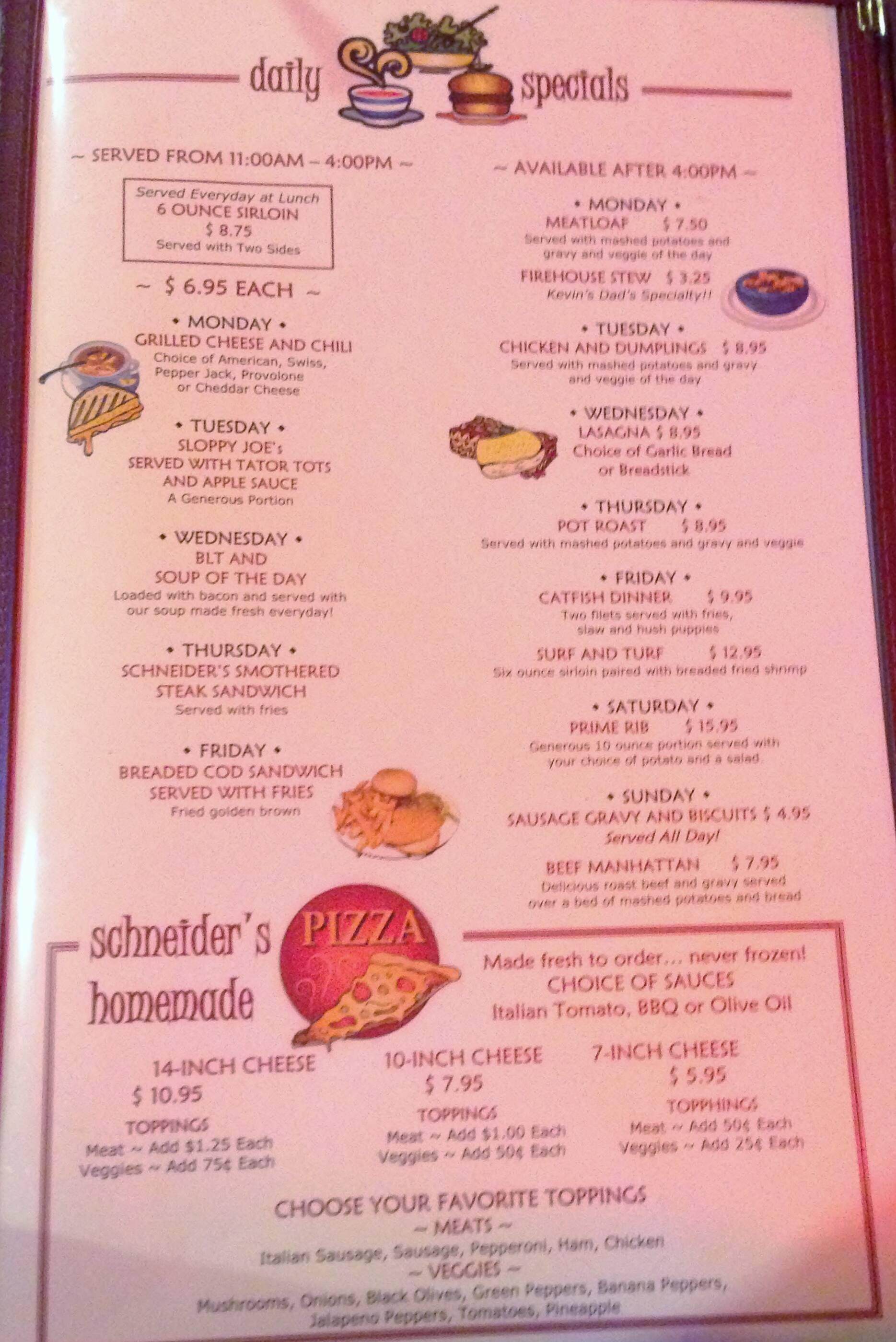 Menu at Schneider's Pub, Indianapolis