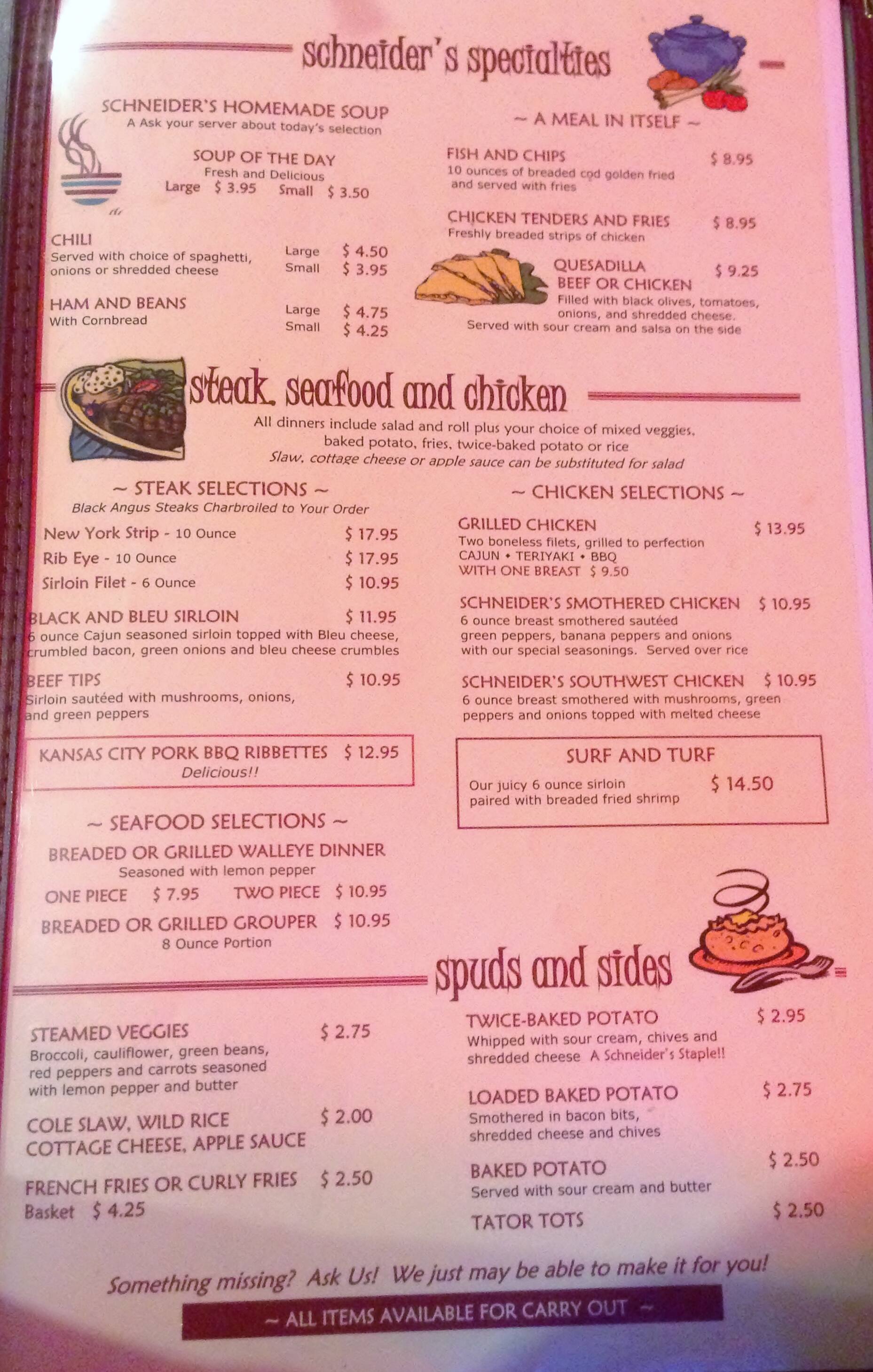 Menu at Schneider's Pub, Indianapolis