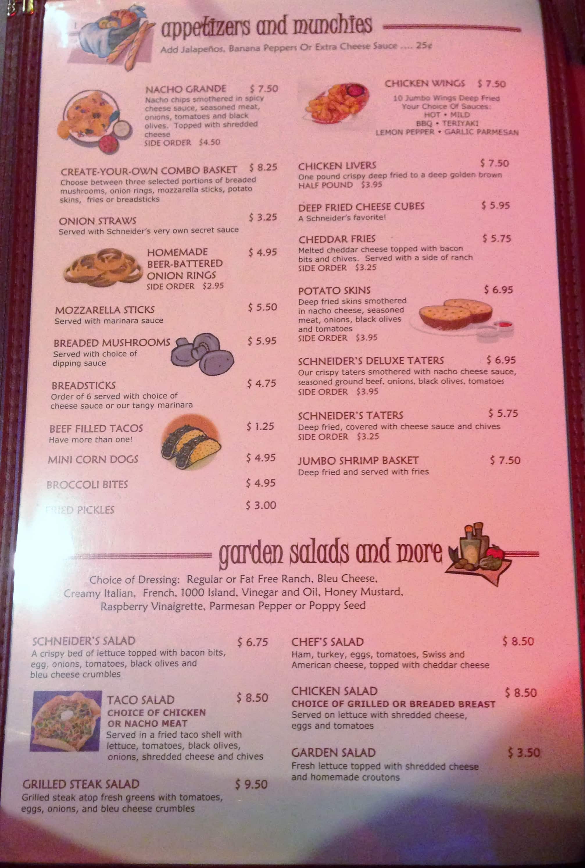 Menu at Schneider's Pub, Indianapolis