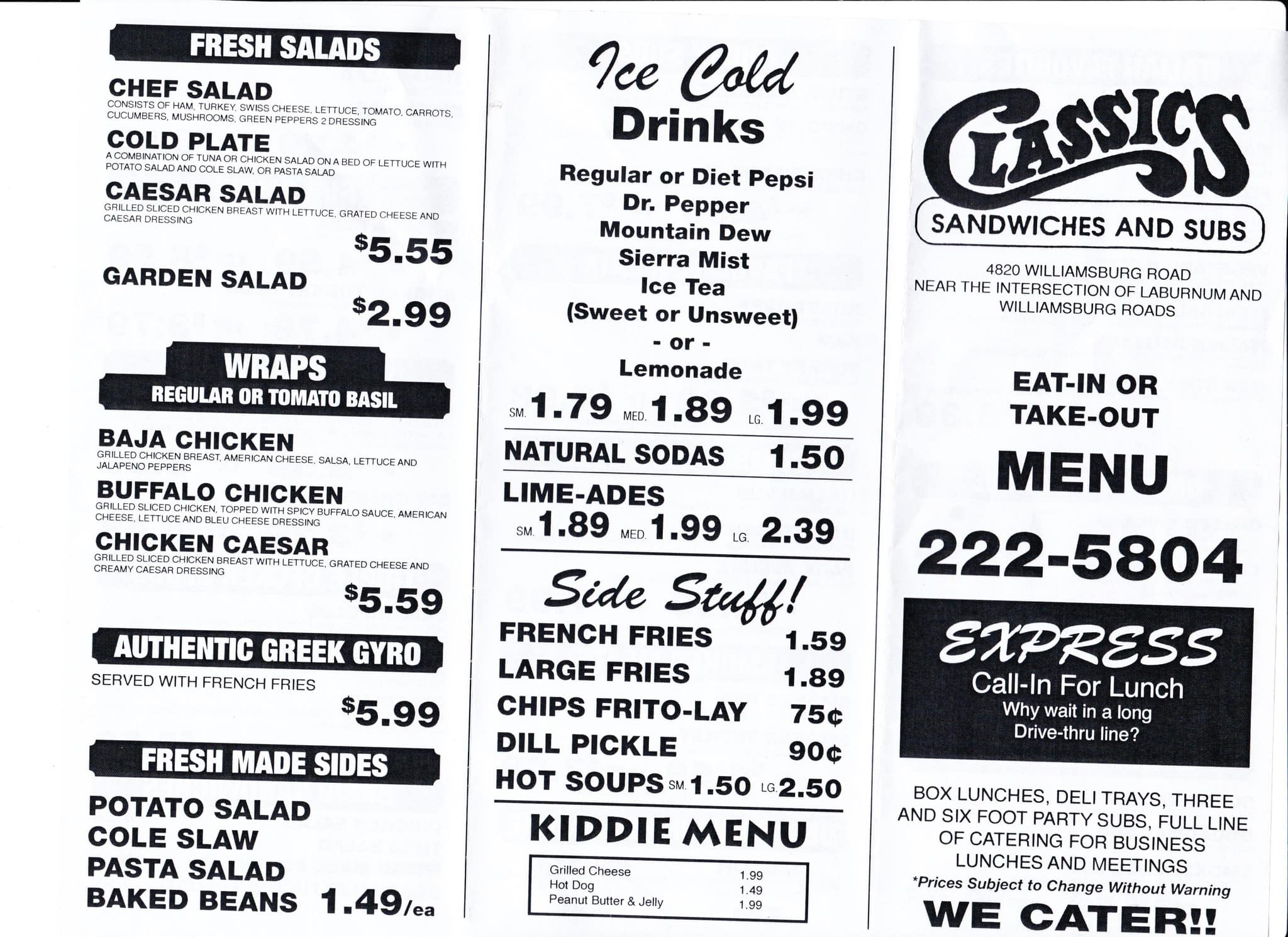 east coast subs menu