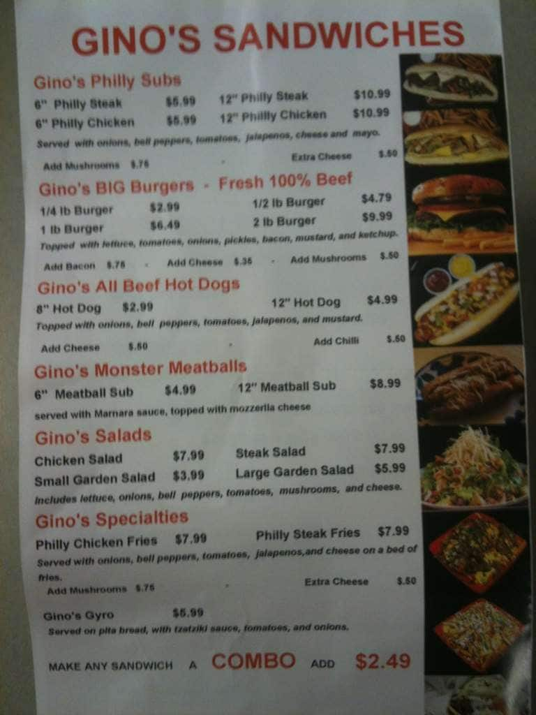 Gino S Pizza Philly Steak Menu