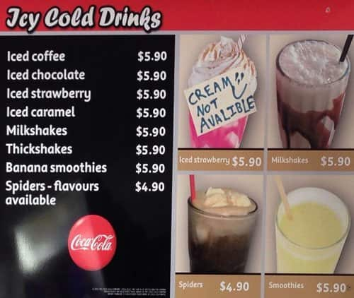 Menu at Cafe Cino, Adelaide