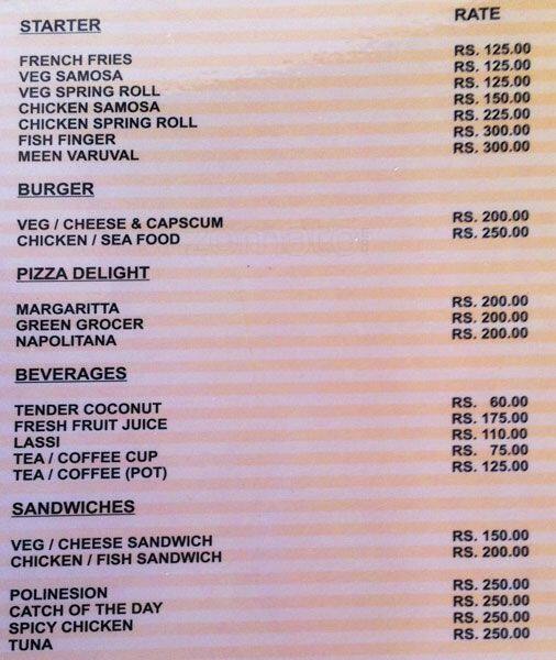 Palm Beach Cafe Menu, Menu for Palm Beach Cafe, Mahabalipuram, Chennai