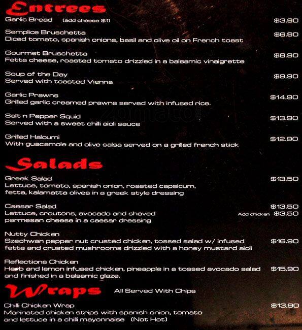 Reflections Cafe Menu, Menu for Reflections Cafe, Liverpool, Sydney