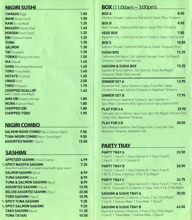 Nagoya Sushi Menu, Menu for Nagoya 