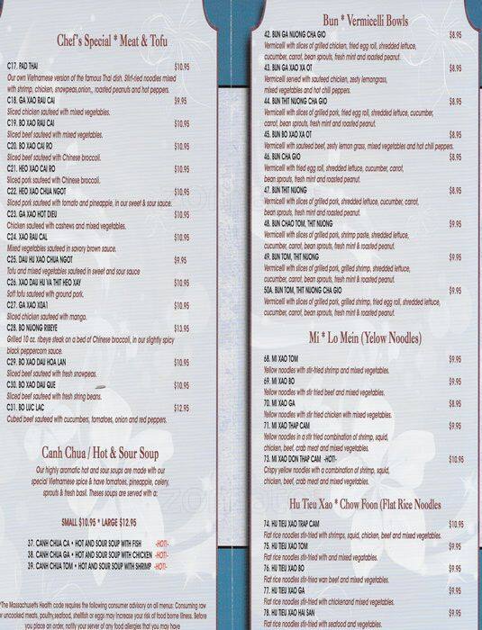 Menu at New Saigon restaurant, Boston