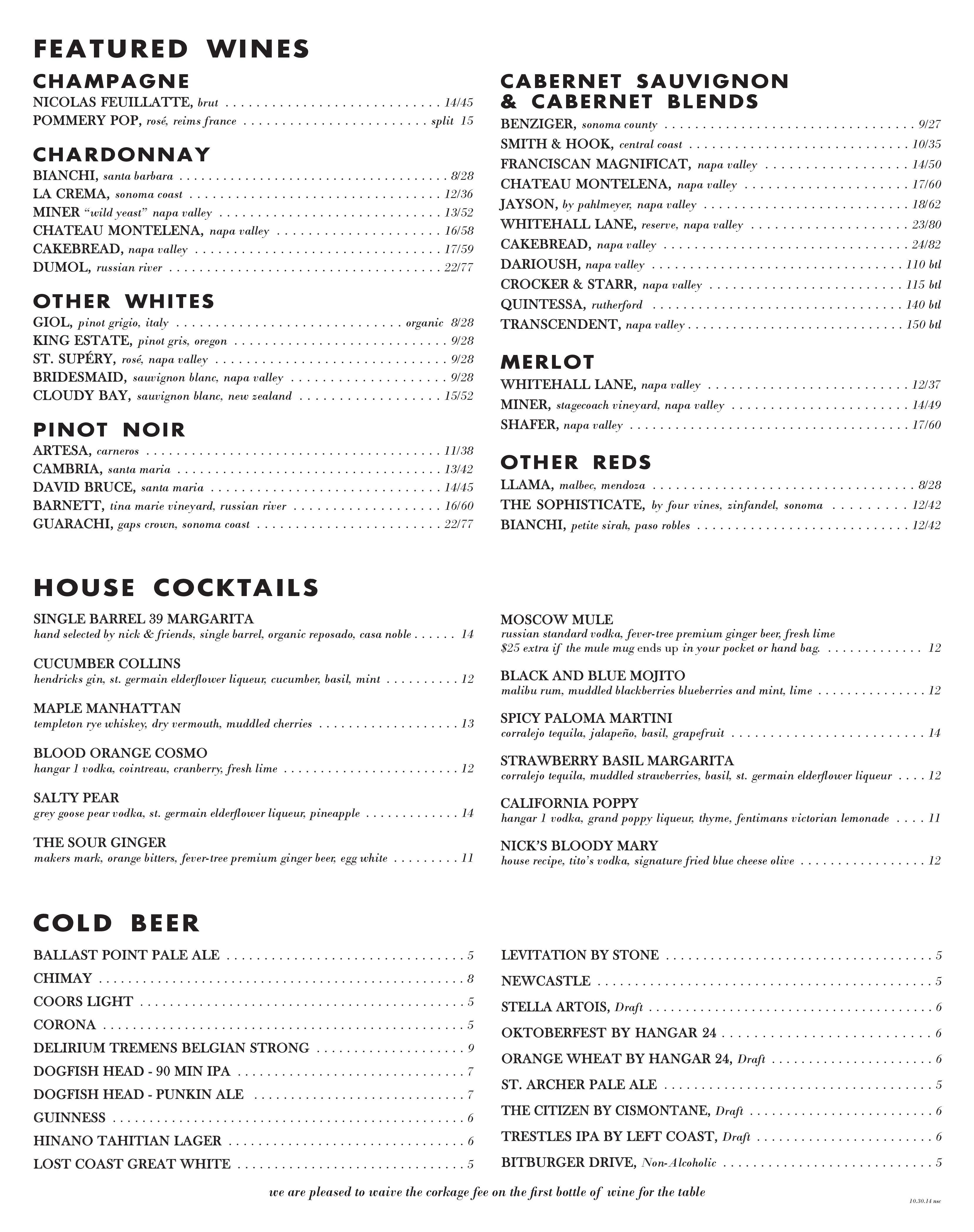 Menu at Nick's San Clemente steakhouse, San Clemente