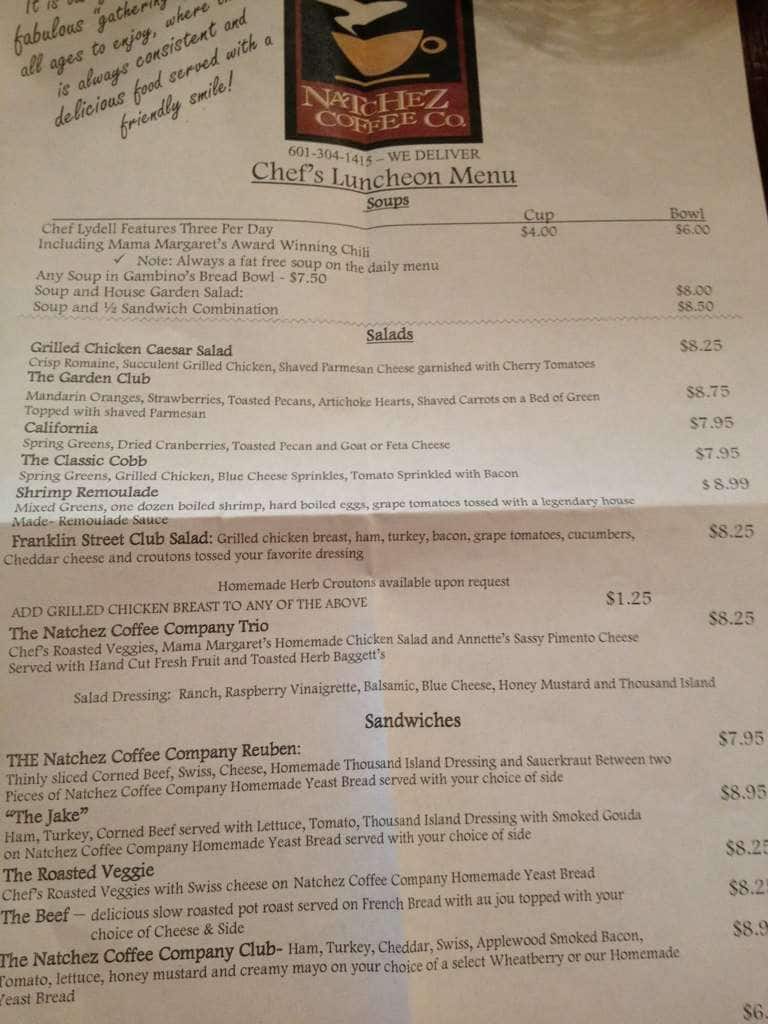 Menu at Natchez Coffee cafe, Natchez, 509 Franklin St