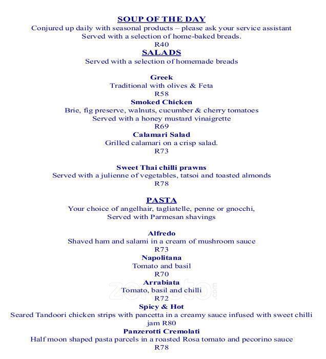 North Wharf Restaurant Protea Hotel Menu Zomato SA