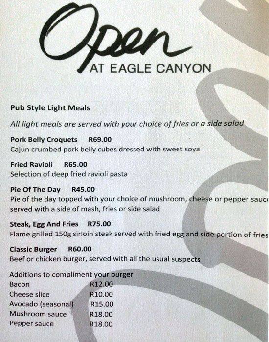 Menu at Eagle Canyon Bar, Roodepoort