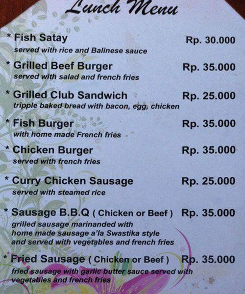 Swastika Steak House Menu, Menu for Swastika Steak House, Sanur, Bali