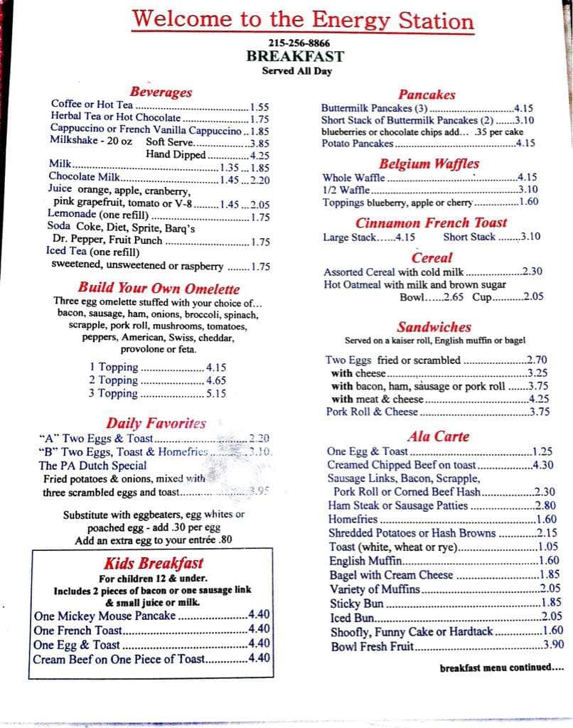Energy Station Menu, Menu for Energy Station, Harleysville, Montgomery