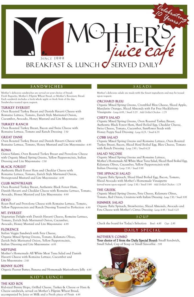 Mother's Juice Cafe Menu, Menu for Mother's Juice Cafe, Bend, Bend