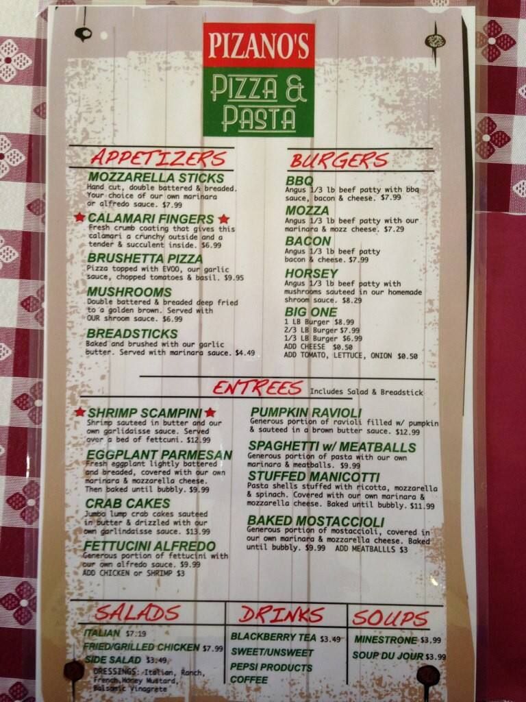 Pizano's Pizza & Pasta Menu Urbanspoon/Zomato