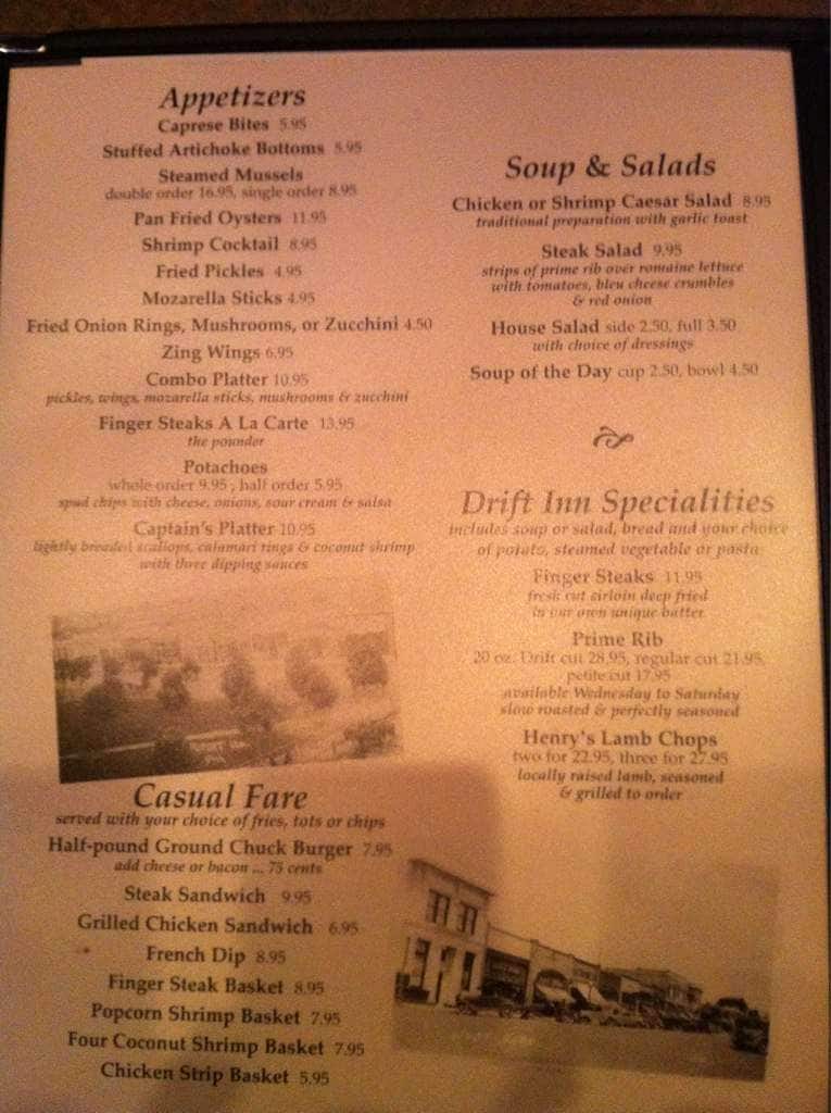 Menu at Drift Inn restaurant, Rupert