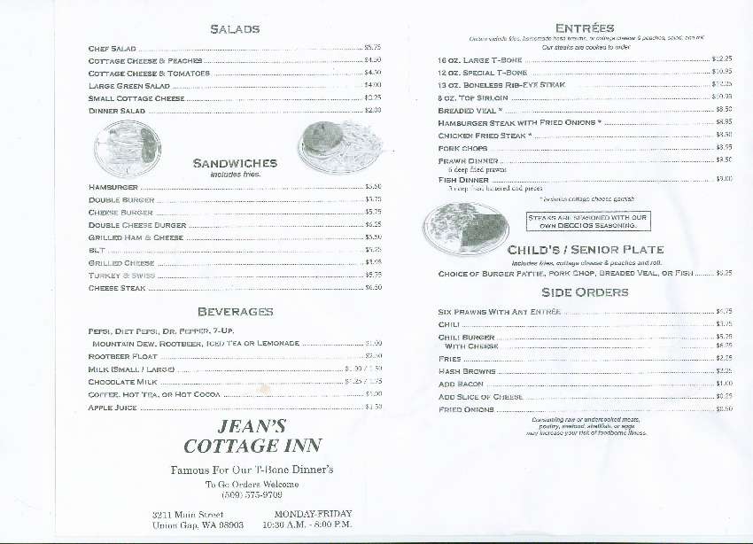 Menu at Jean's Cottage Inn steakhouse, Union Gap