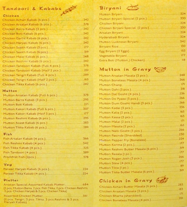 Arsalan Menu, Menu for Arsalan, Park Circus Area, Kolkata Zomato